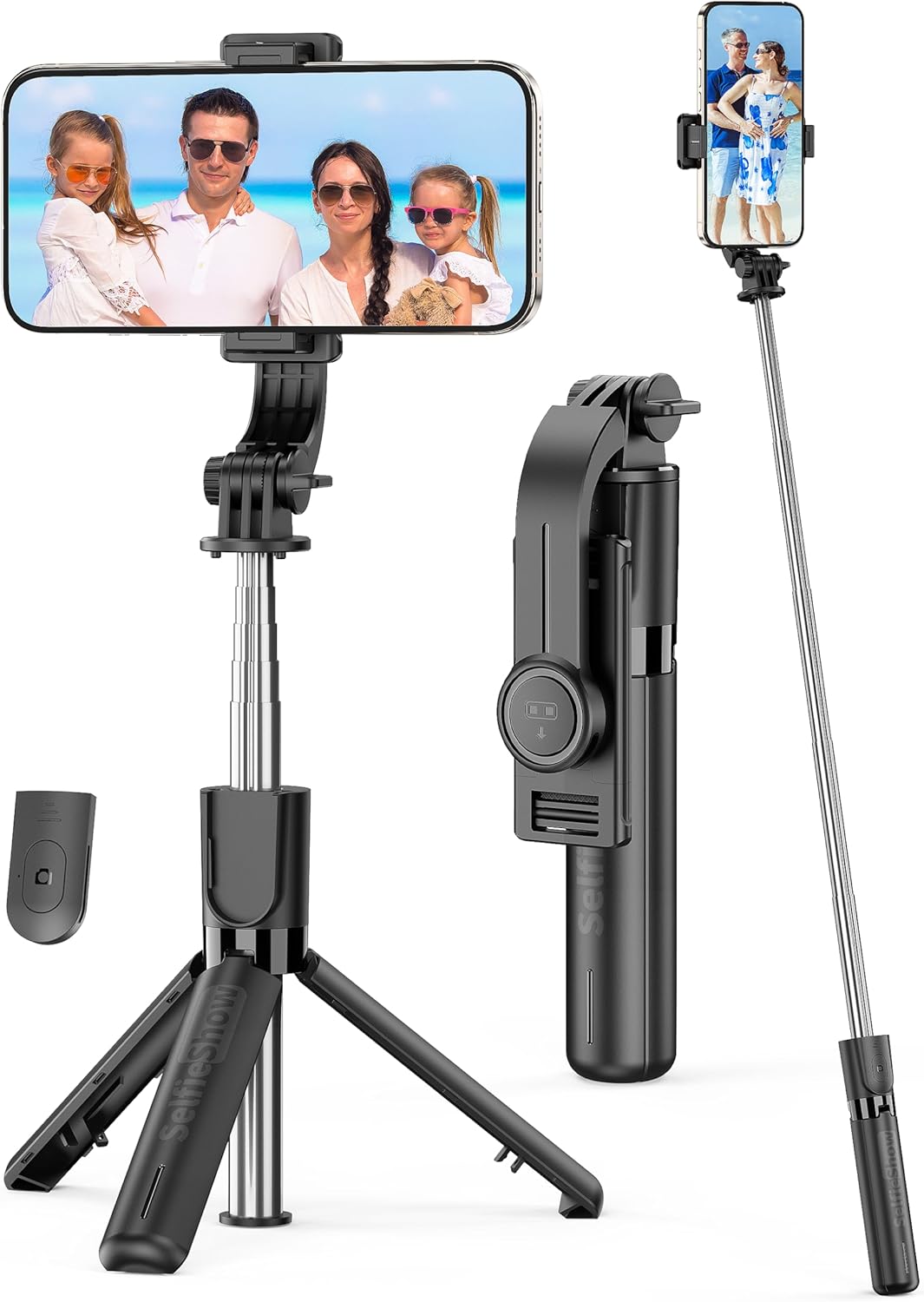 Showcases the product's versatility as both a selfie stick and tripod for smartphones. Highlights the included accessories like the remote control and adjustable phone mount.