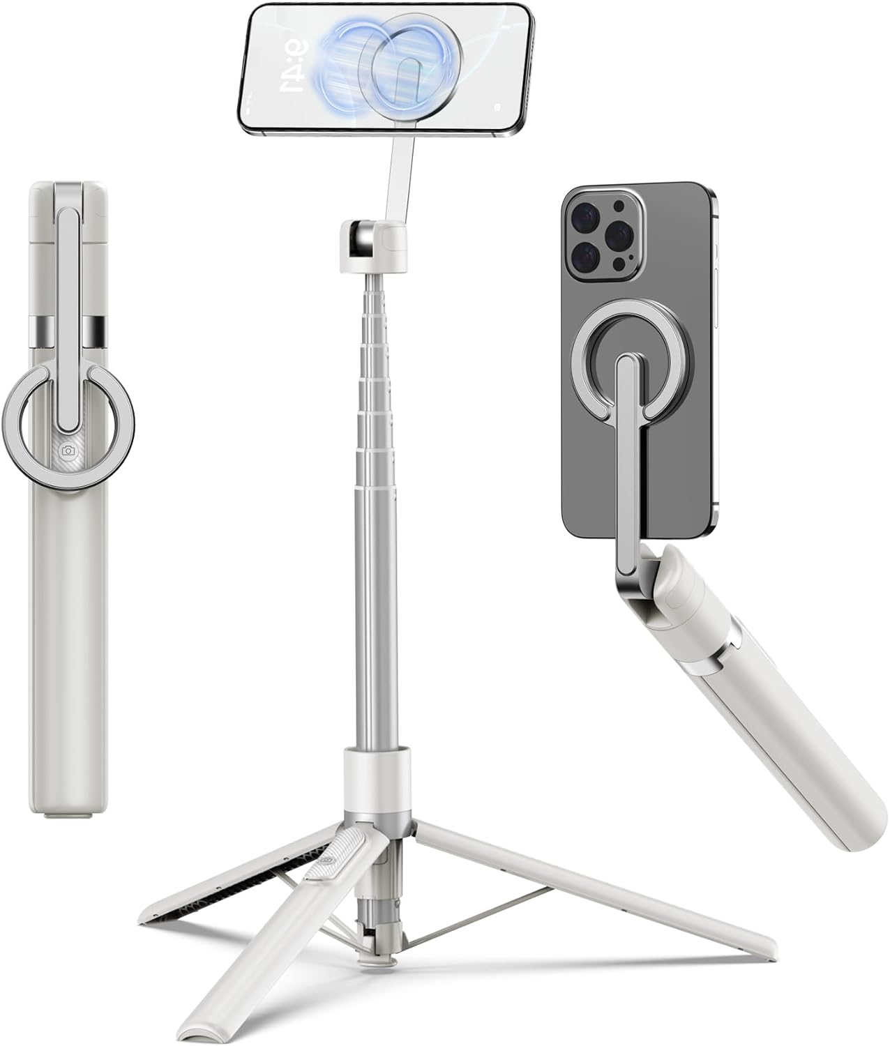 Showcases the product's versatility as both a handheld selfie stick and a tripod stand for smartphones. Demonstrates the different ways the product can be used, from folded to extended positions.