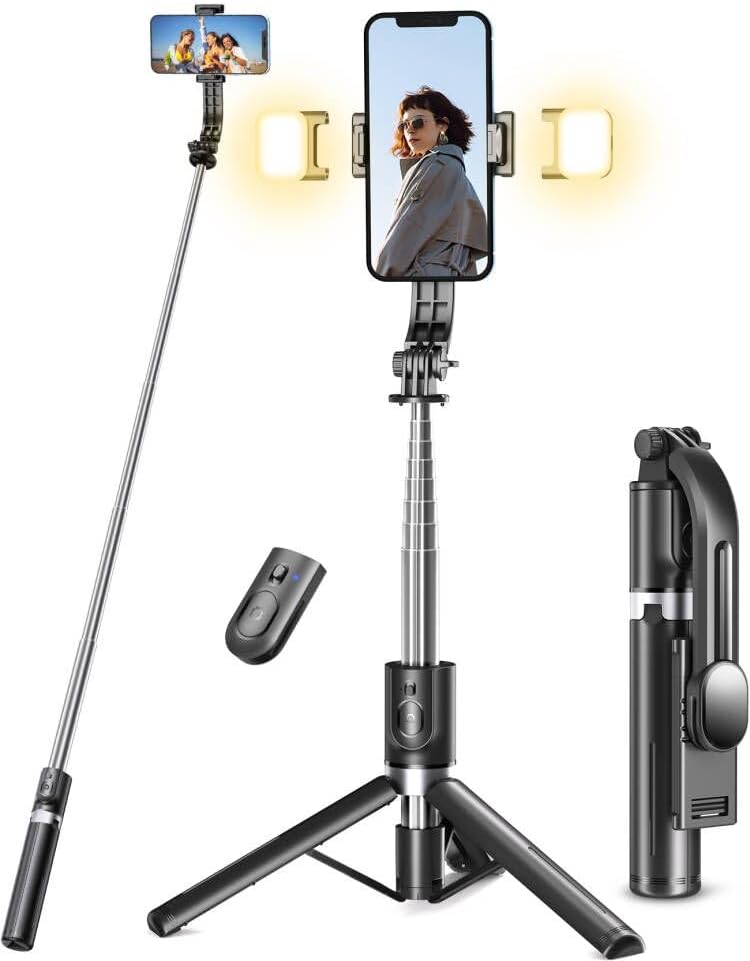 Showcases the versatility of the product as both a selfie stick and tripod with built-in lighting for improved photo quality. Highlights the included accessories and features to demonstrate the…