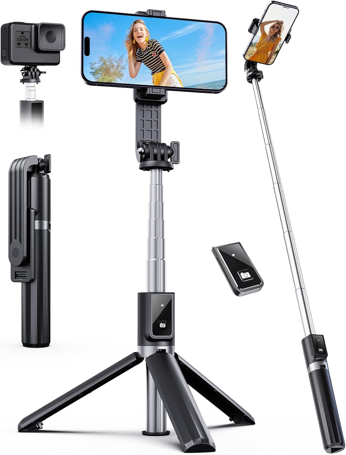 Showcases the product's versatility as both a selfie stick and tripod for smartphones and action cameras. Displays all included components, highlighting the remote control and various device mounts.
