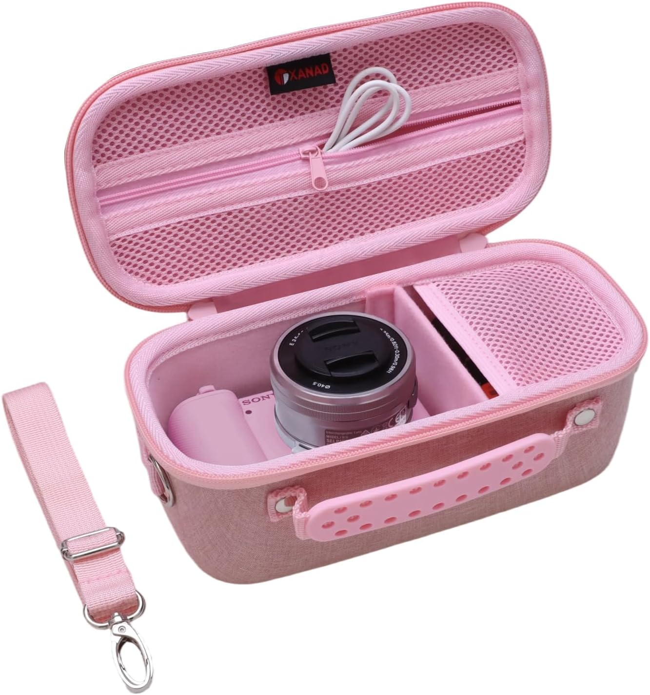 Showcases the product's design and storage capacity for a camera and accessories. Demonstrates the case's interior organization and ability to store a camera and additional items.