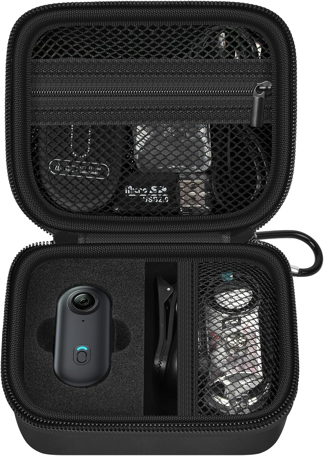 Showcases the product's organized storage solution for a small camera and accessories, emphasizing portability and protection. Displays the main product (camera) along with included accessories,…