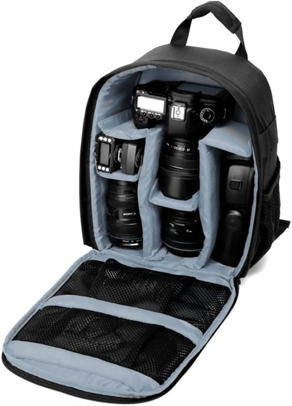Showcases the backpack's capacity to safely store and organize multiple camera components, demonstrating its utility for photographers.
