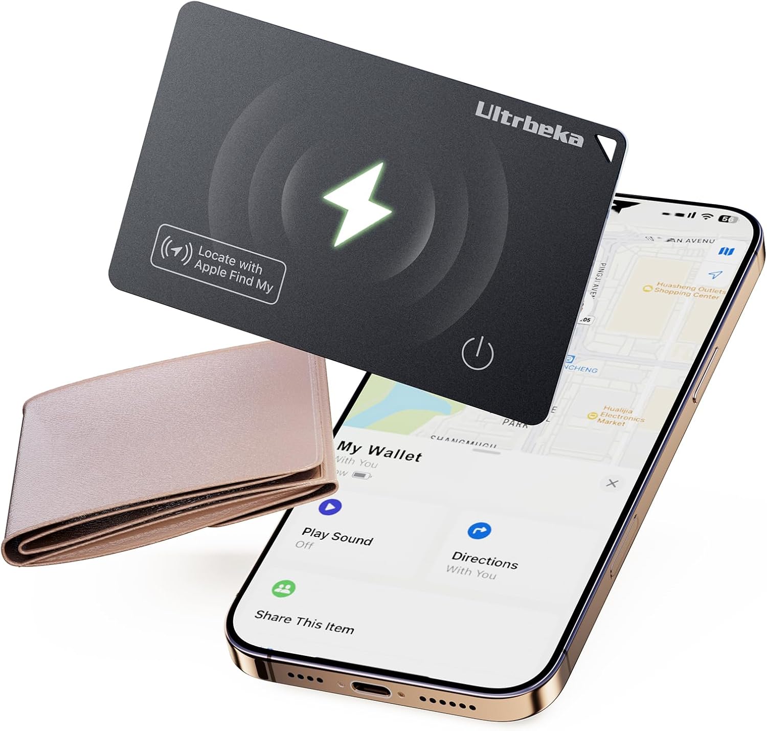 Showcases the product's ability to be located using Apple Find My technology, emphasizing its tracking functionality for wallets.