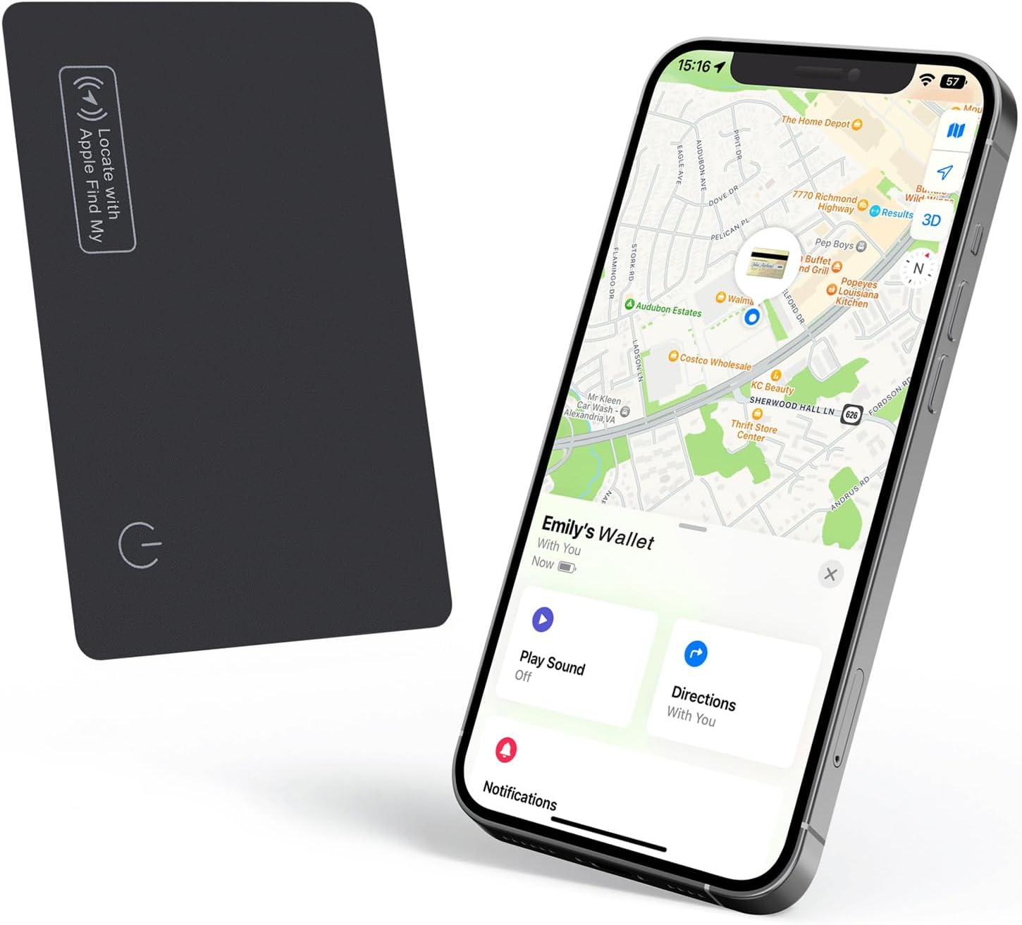 Demonstrates the product's ability to track items and integrate with a smartphone app for location monitoring. Shows the main tracking device alongside a smartphone to illustrate how the two…
