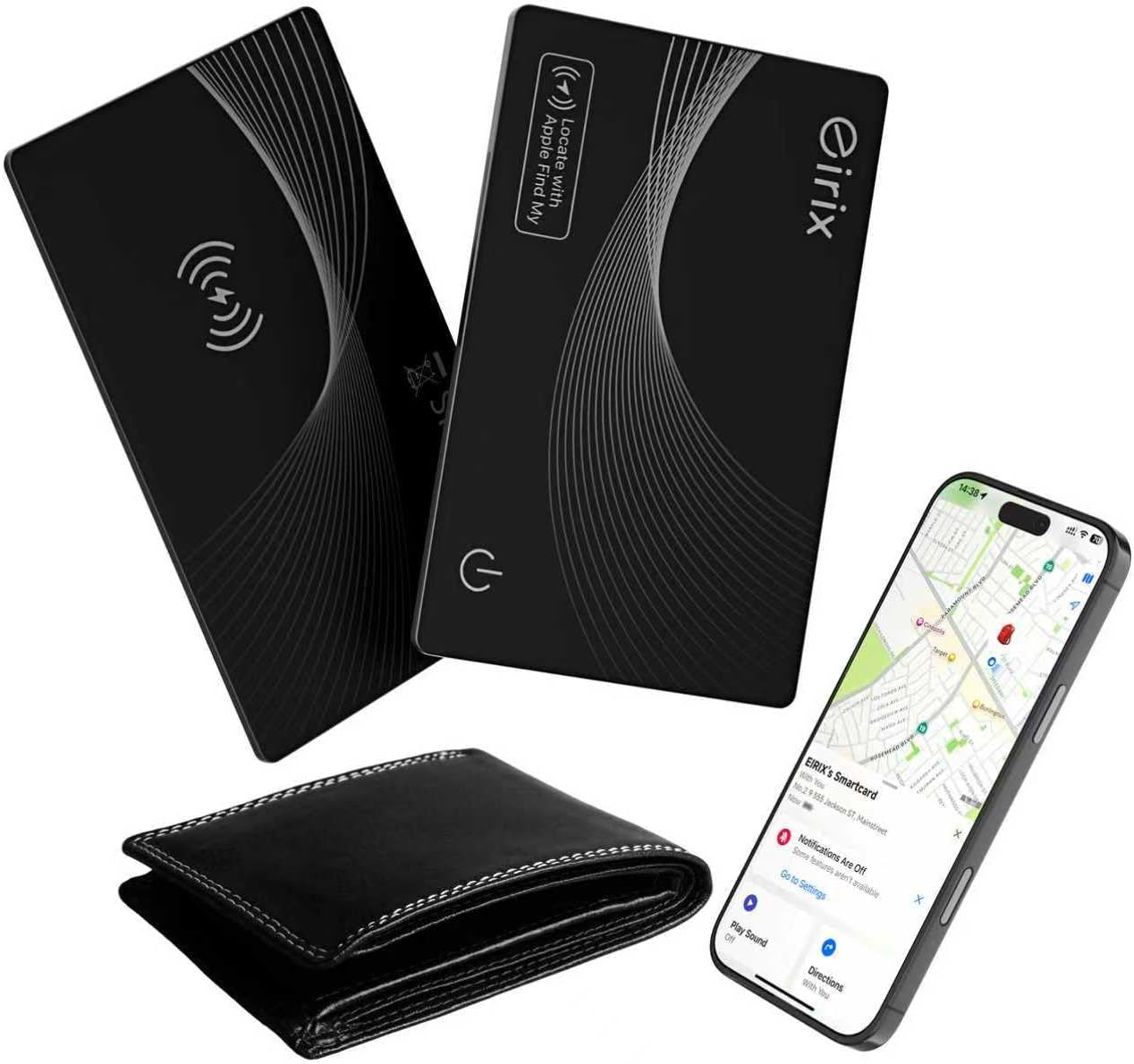 Showcases the main products - smart tracking cards and a wallet - to demonstrate the complete tracking solution for personal belongings. Illustrates how the tracking cards work with a smartphone…