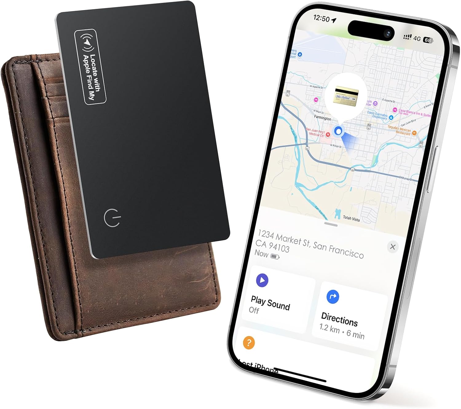 Demonstrates the product's ability to locate a wallet using a smartphone app, highlighting its tracking functionality. Shows all components of the tracking system: the tracker card, a wallet it can…