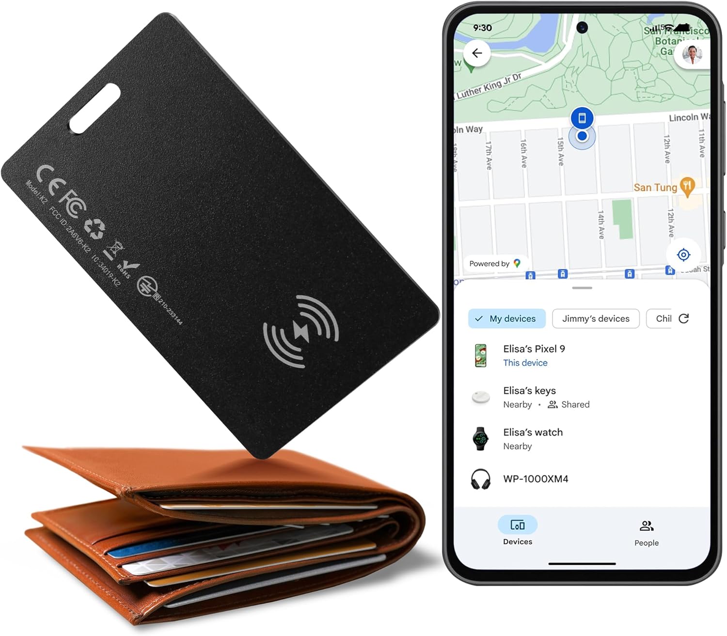 Showcases the product's ability to track items and integrate with a smartphone app for location monitoring. Demonstrates how the tracking device fits into a wallet and displays the companion app…