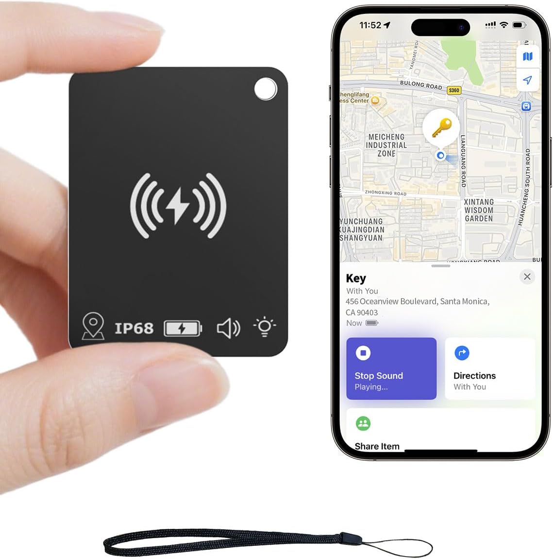 Showcases the small, portable size of the tracking device and its wireless functionality for easy location tracking. Demonstrates how the product integrates with a smartphone app for location…
