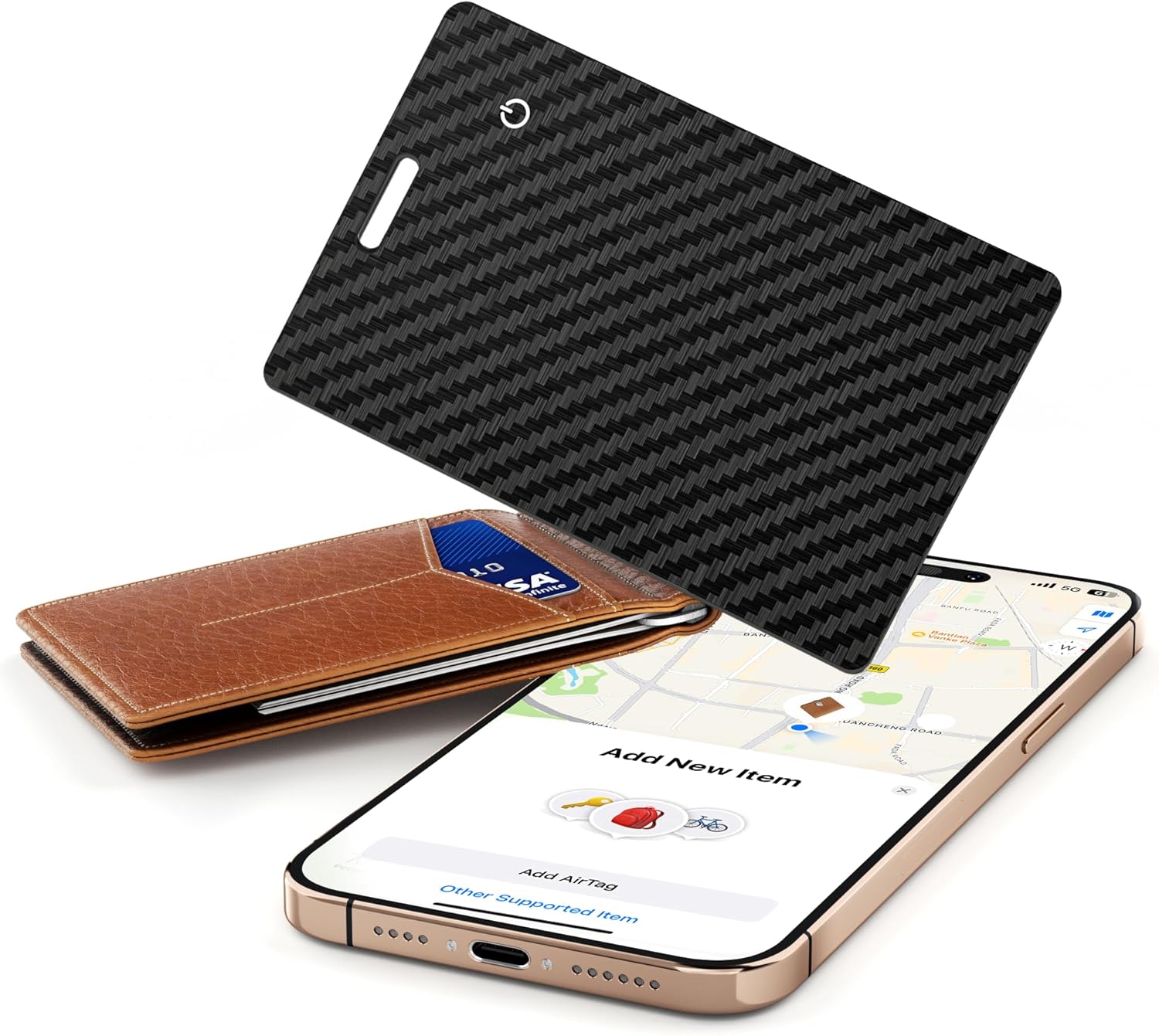 Showcases the product's sleek carbon fiber design and slim form factor, emphasizing its premium look and portability. Demonstrates how the product fits alongside a wallet, highlighting its compact…