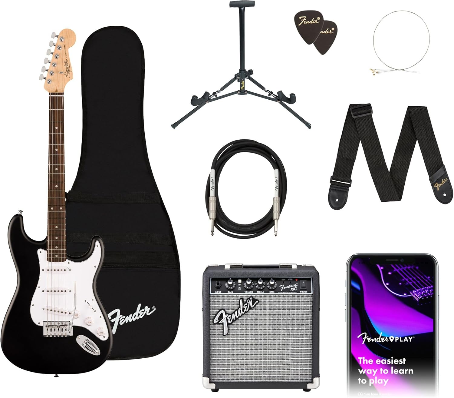 Showcases all components included in the guitar starter package, demonstrating value and completeness to potential buyers. Highlights the various accessories and equipment included with the guitar,…