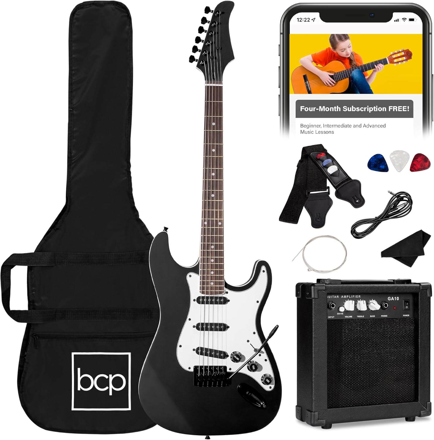 Showcases the complete electric guitar starter kit, including the guitar, amplifier, and accessories. Displays all the included accessories and components that come with the guitar kit, emphasizing…
