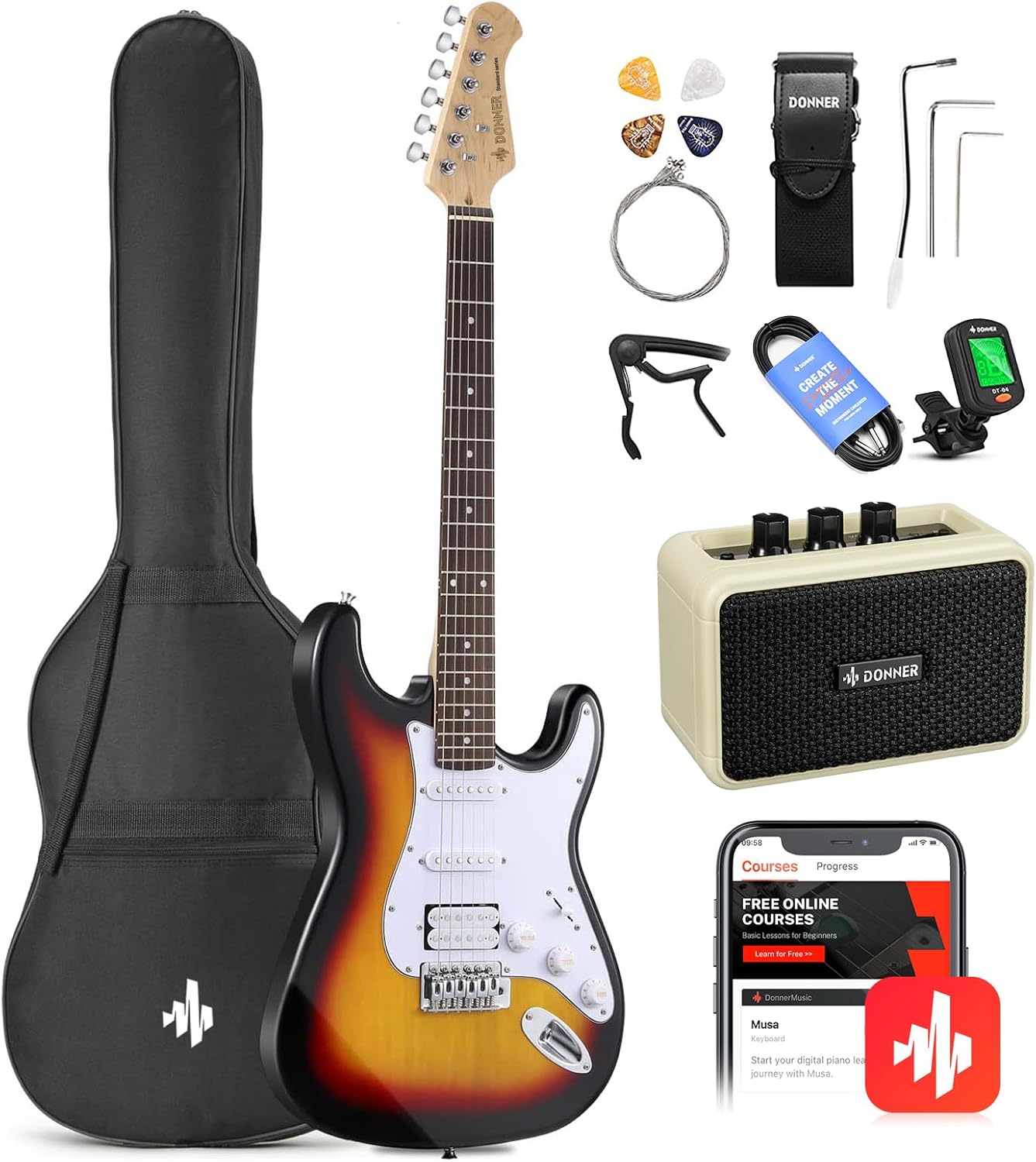 Donner DST-100S 39 Inch Full Size Electric Guitar Kit Solid Body Sunburst: Hero Images