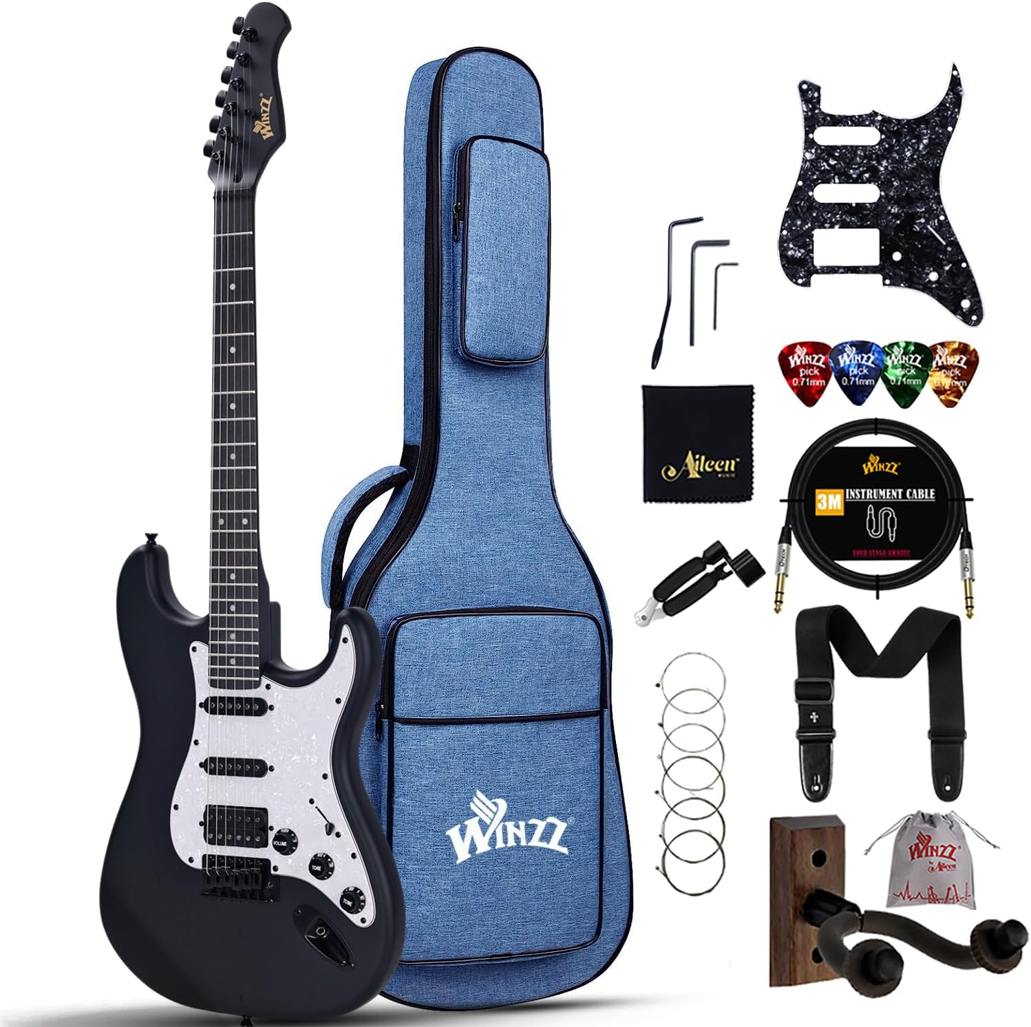 Showcases the complete electric guitar package, including the instrument and all included accessories. Displays all the additional items included with the guitar purchase, such as case, picks,…