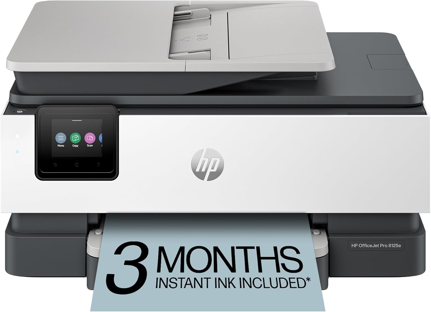 Showcases the HP OfficeJet Pro printer with its key features visible, including the touchscreen display and document feeder. Highlights a promotional offer of 3 months of instant ink included with…