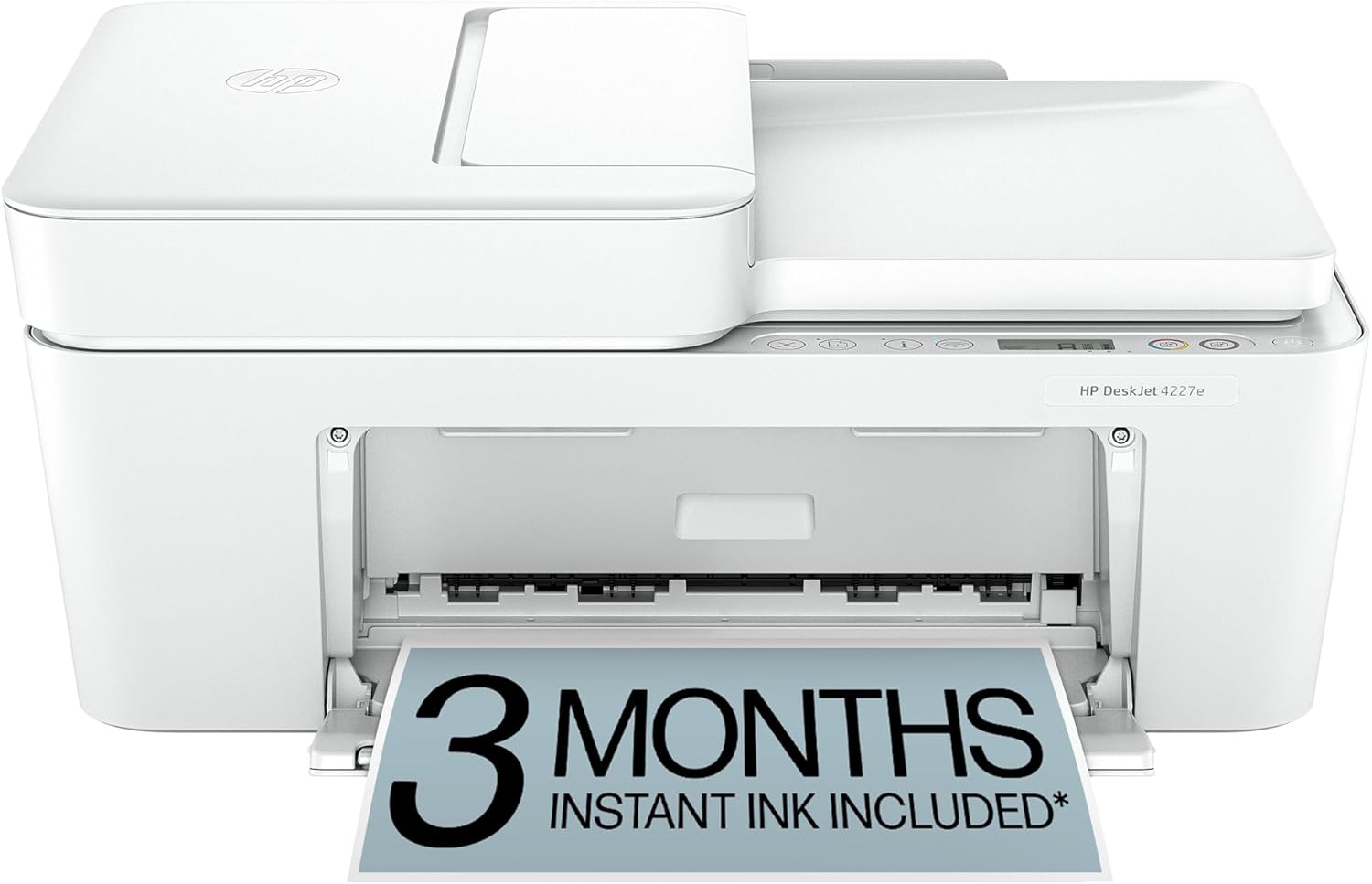 Showcases the complete all-in-one printer design to highlight its multifunctionality and compact form factor. Draws attention to the included 3-month Instant Ink subscription, emphasizing added…