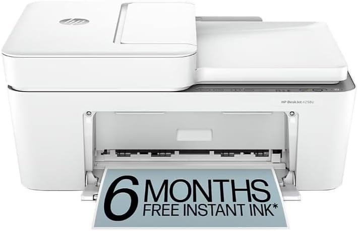 Showcases the full product design and features of the HP all-in-one printer against a white background. Highlights a promotional offer of 6 months free instant ink to attract potential buyers.