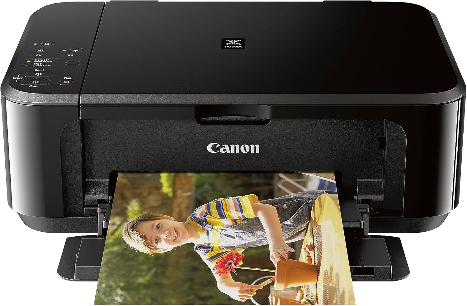 Showcases the compact, sleek design of the Canon all-in-one printer to highlight its modern appearance and space-saving form factor.