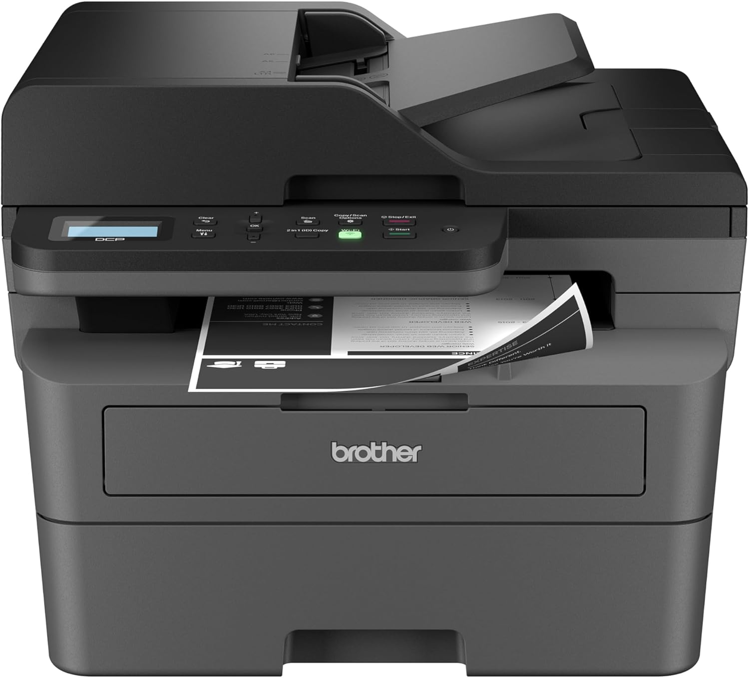 Shows the full product to clearly display its features and capabilities as an all-in-one printer.