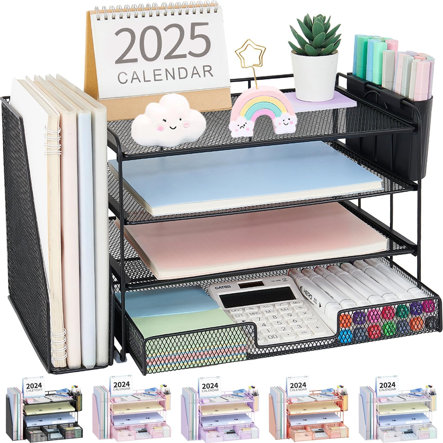 Showcases the product's design and functionality as a multi-tiered desk organizer for office supplies and accessories. Demonstrates the various components and storage options included in the desk…