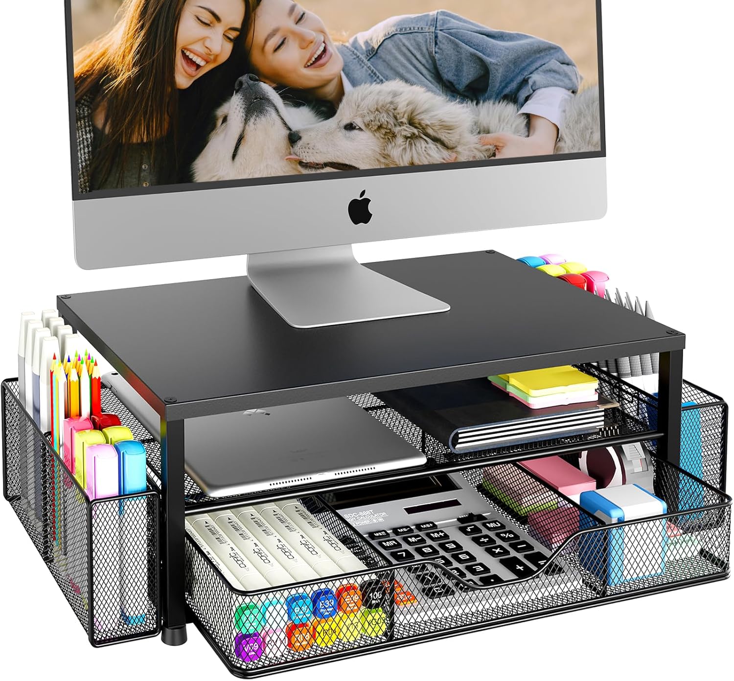 Showcases the product's ability to create an organized and efficient workspace, highlighting its storage capacity and desk organization features.