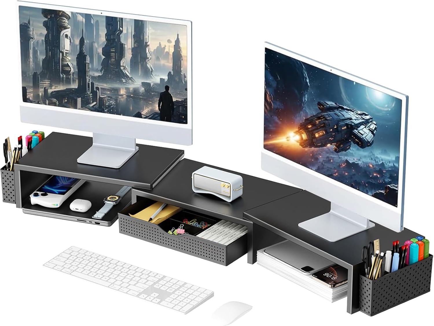Showcases a sleek dual monitor setup with integrated desk organization features to appeal to professionals and gamers seeking an efficient workspace.