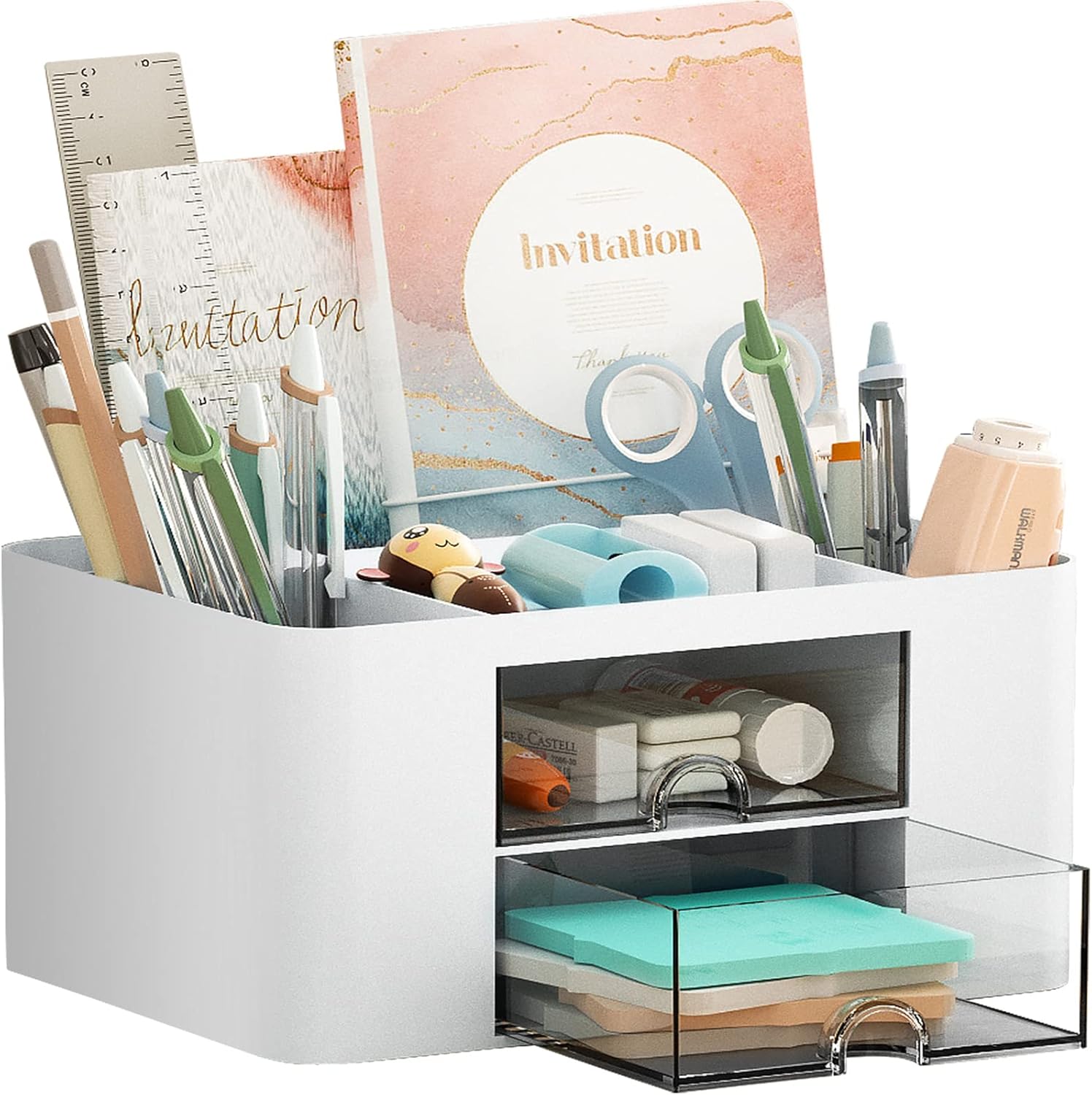 Showcases the product's storage capacity and organization features for office supplies.