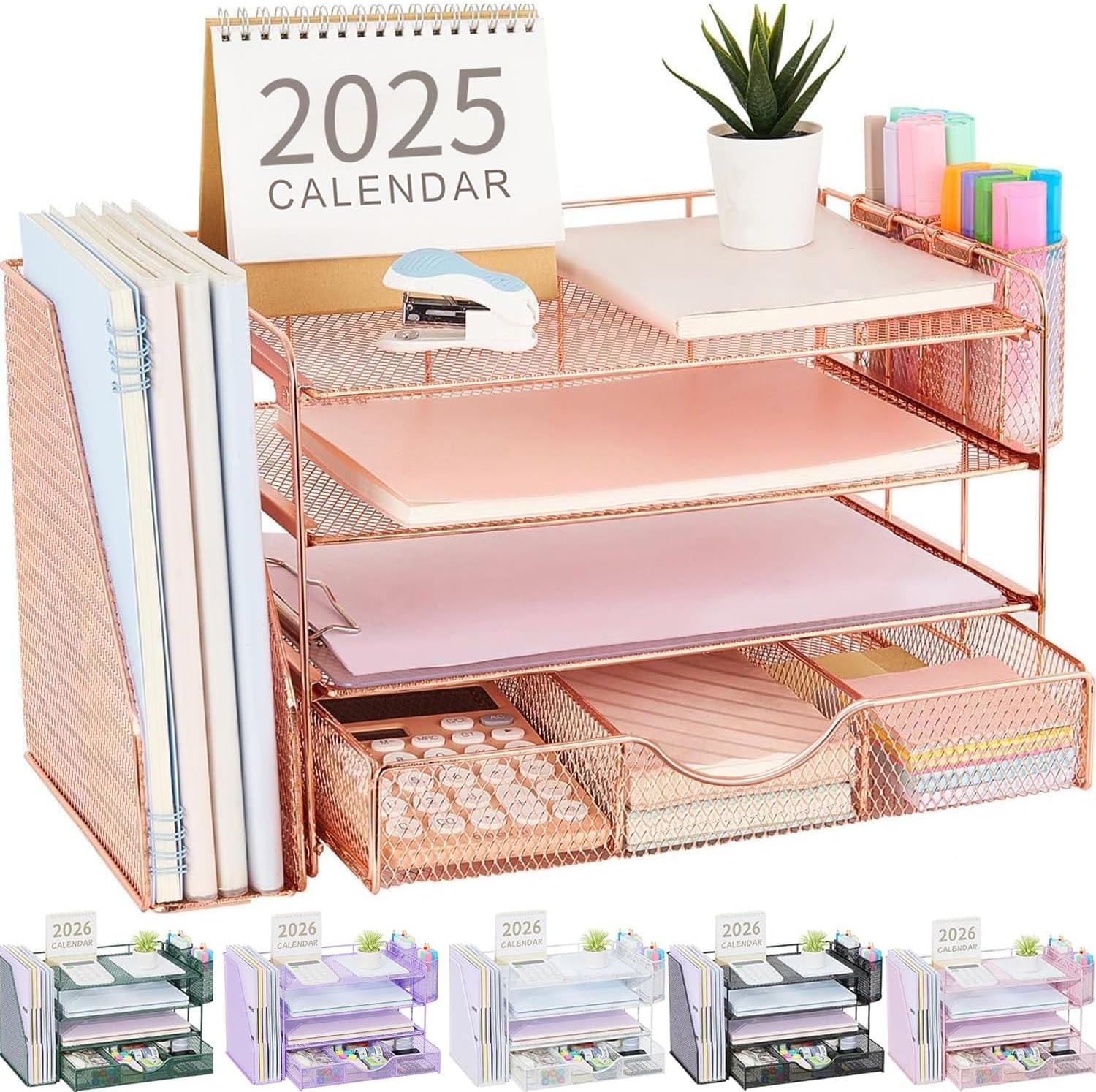 Showcases the desk organizer's design and functionality, highlighting its ability to neatly arrange various office supplies. Displays the various components of the desk organizer, including shelves,…