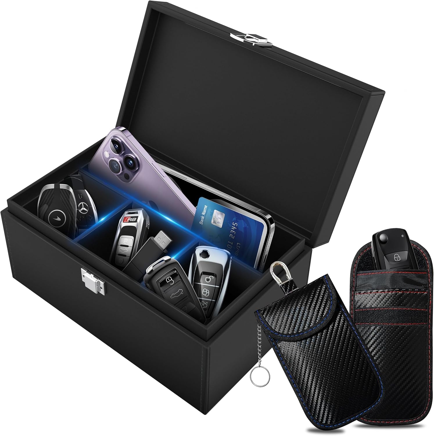 Showcases the complete set of security products for protecting car keys and electronic devices.
