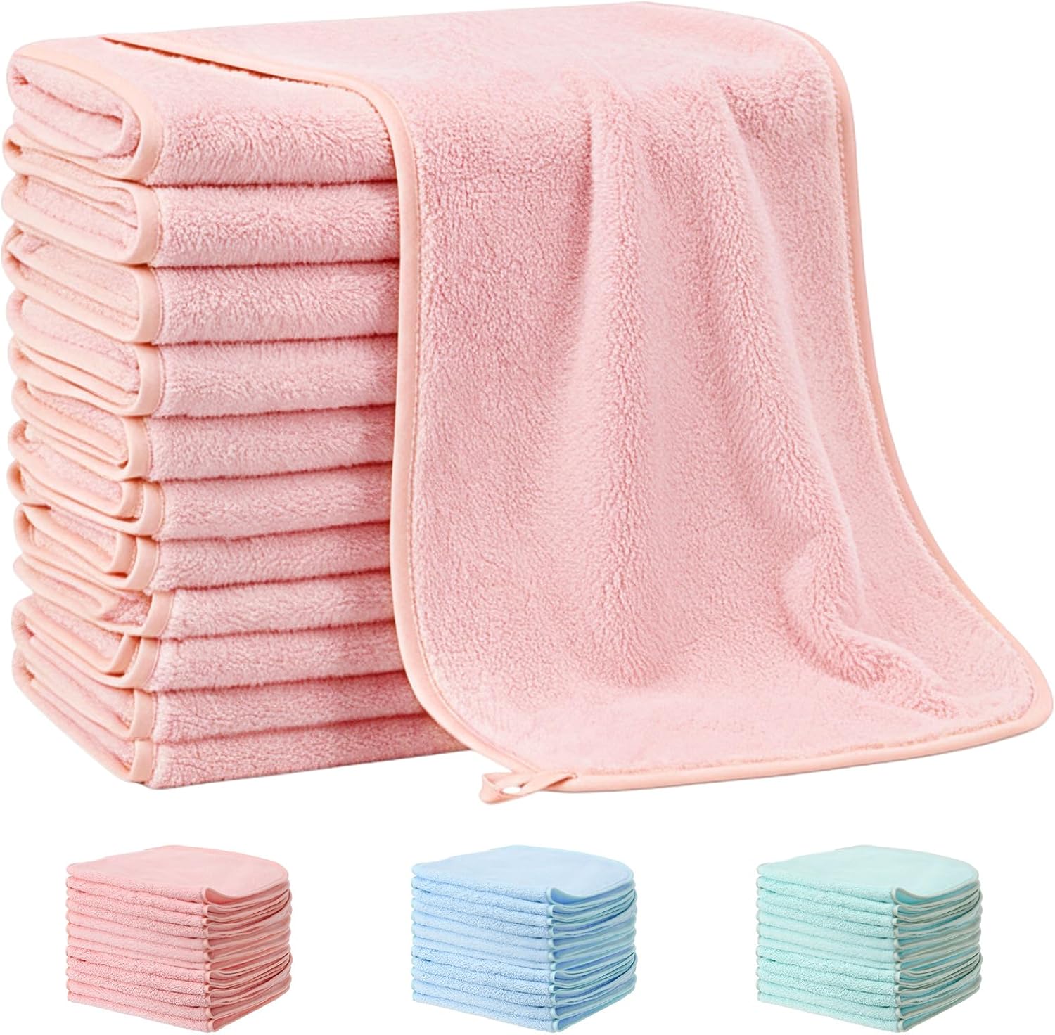 Showcases the product's plush texture and quantity, emphasizing the value of getting multiple towels in one set. Displays different color options available for the towel set, allowing customers to…