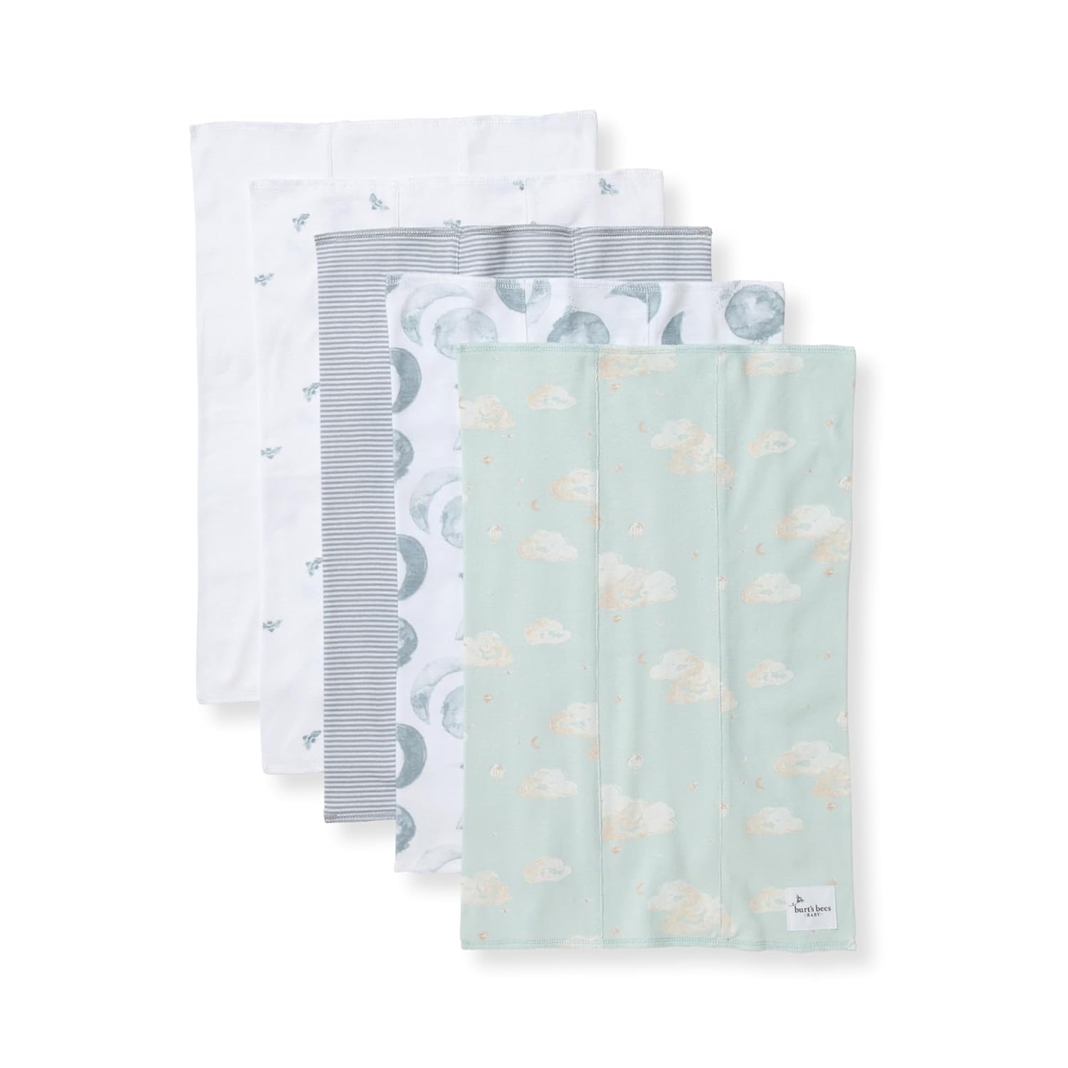Showcases the different patterns and designs included in the set of baby burp cloths or swaddles.