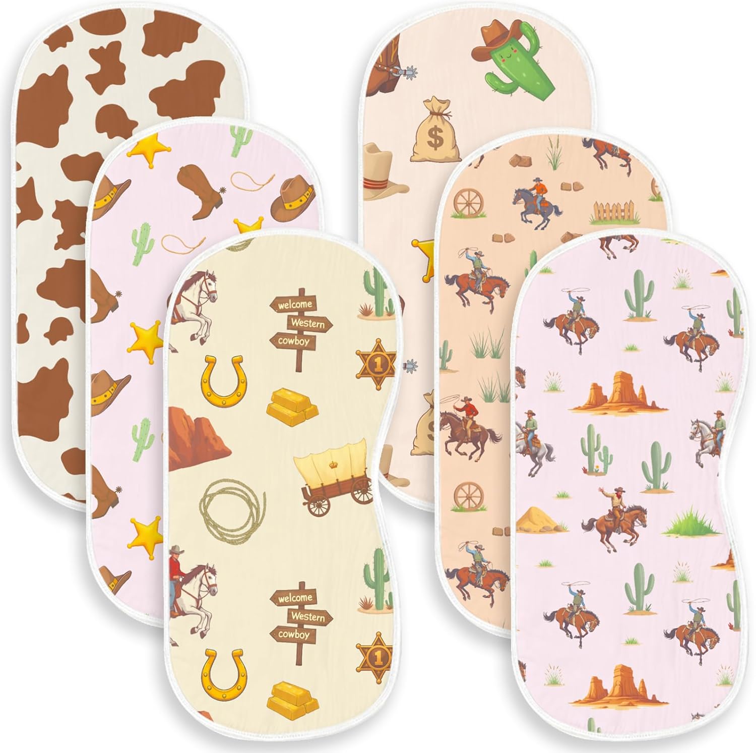 Showcases multiple design options for the product, likely burp cloths or bibs, featuring various cowboy and western-themed patterns.