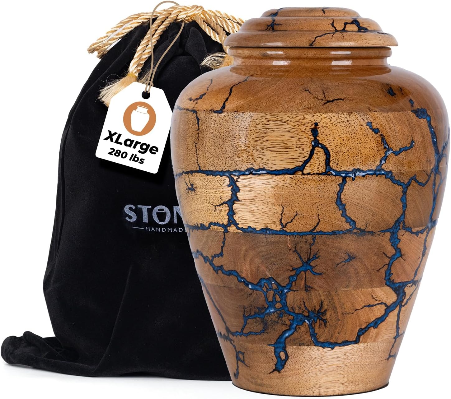 Showcases the unique design and craftsmanship of the wooden urn with blue inlay pattern. Demonstrates the included protective storage bag and size label for the product.