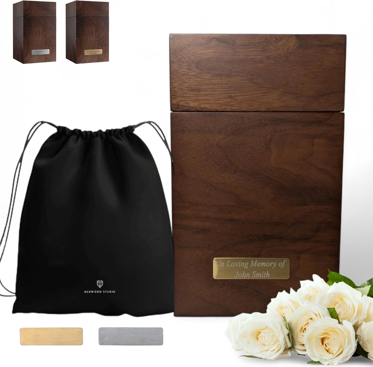 Showcases the main product, a wooden urn, along with its customization options and included accessories. Displays the complete set of items included with the urn, including a carrying bag and…