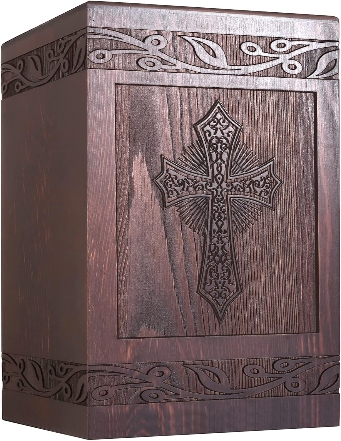 Showcases the ornate design and craftsmanship of a memorial urn, highlighting its religious symbolism and aesthetic appeal.
