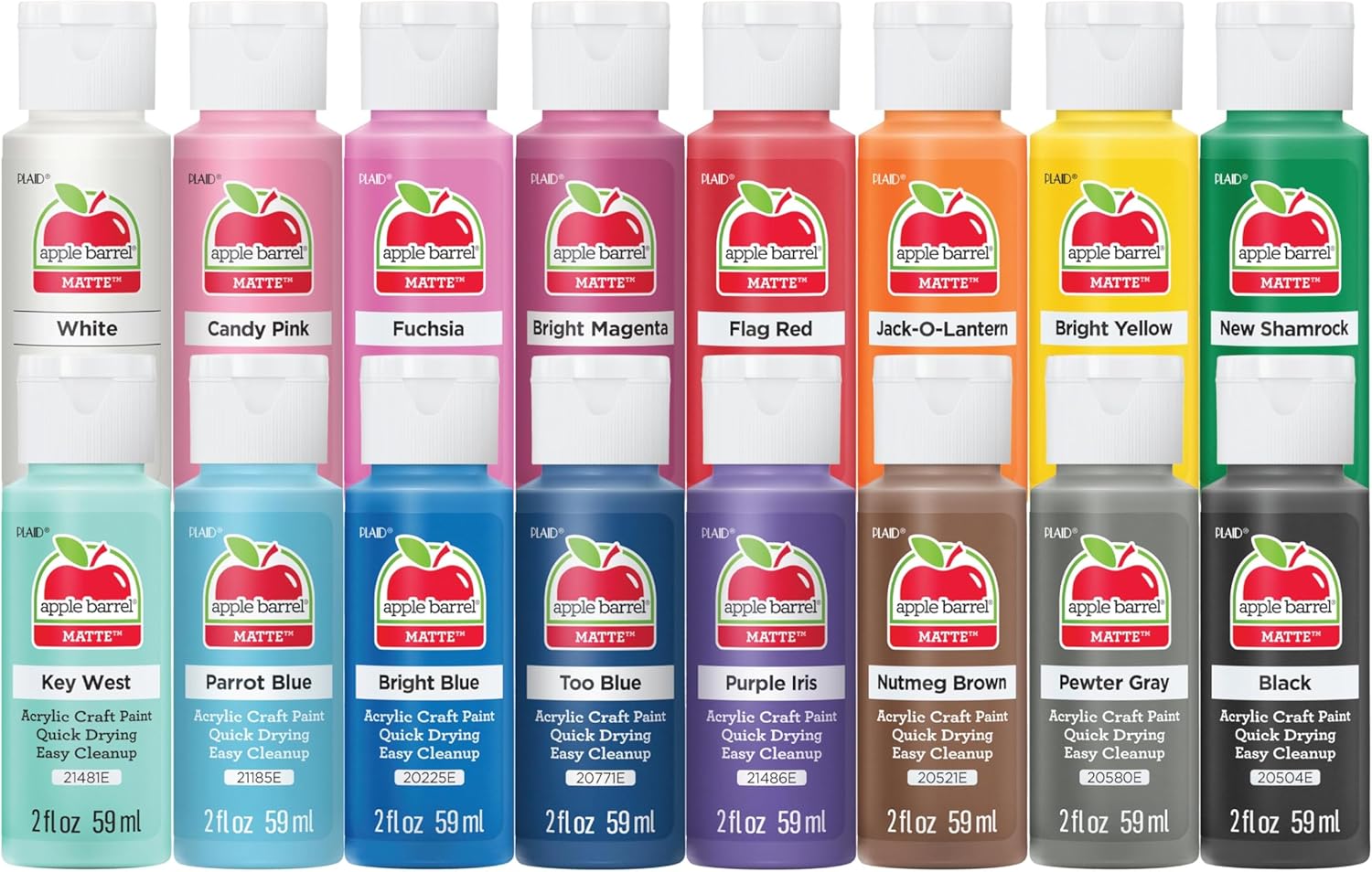 Showcases the wide variety of colors available in the Apple Barrel Matte acrylic craft paint line. Clearly displays the product packaging and branding for each color variant.
