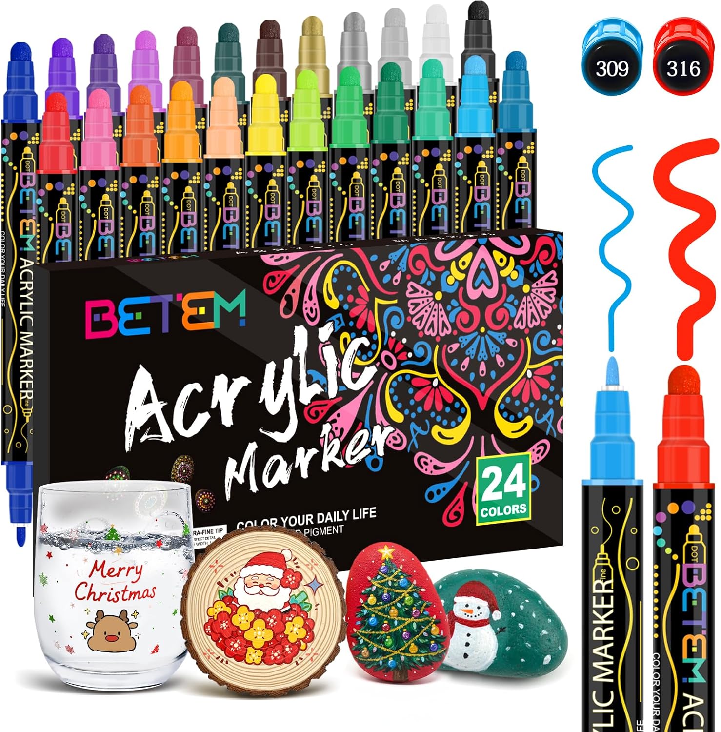 Betem 24 Colors Dual Tip Acrylic Paint Pens Markers: Hero Images