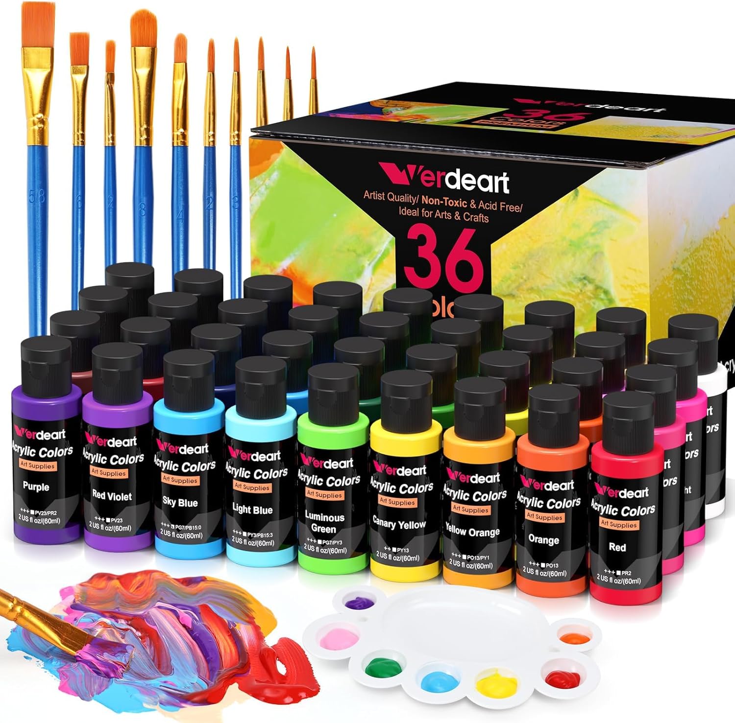 Showcases the full range of acrylic paint colors and brushes included in the set, emphasizing the product's versatility and value.