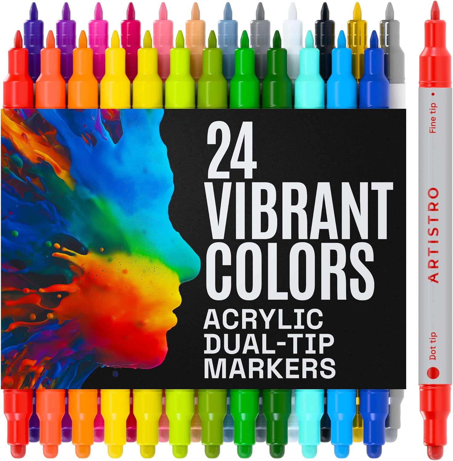 Showcases the wide range of vibrant colors and dual-tip feature of the acrylic markers to appeal to artists and crafters. Displays all available color options in the set, allowing customers to see…