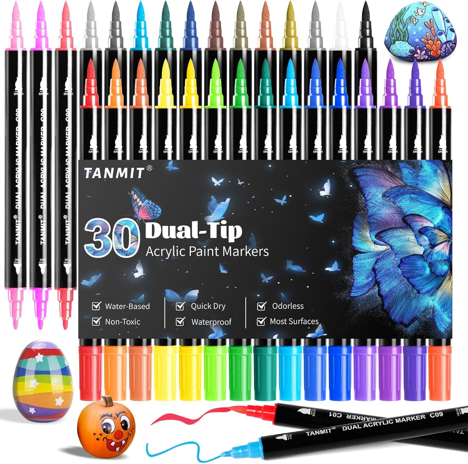 Showcases the wide range of vibrant colors and dual-tip feature of the acrylic paint markers. Displays the full set of 30 markers along with sample painted objects to demonstrate versatility.