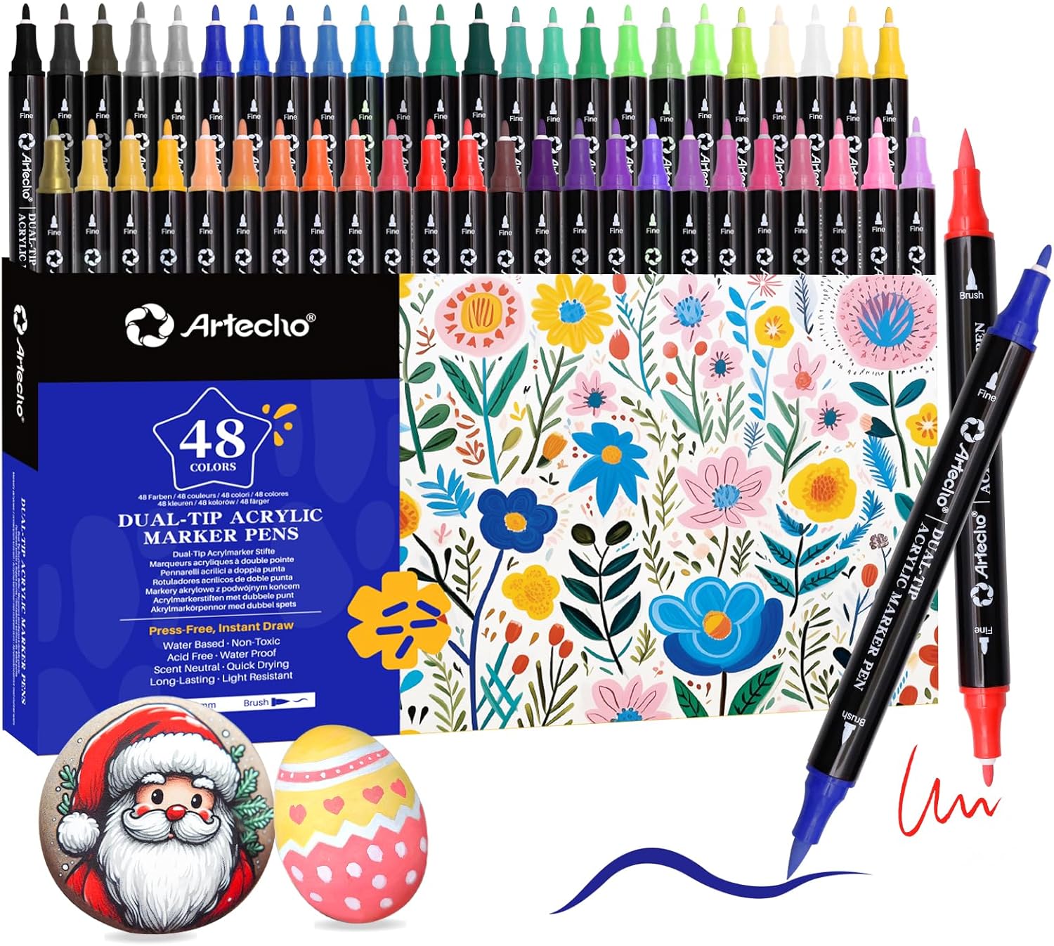 Showcases the wide range of colors available and highlights the dual-tip feature of the marker pens. Demonstrates the creative possibilities and vibrant results achievable with the marker set.