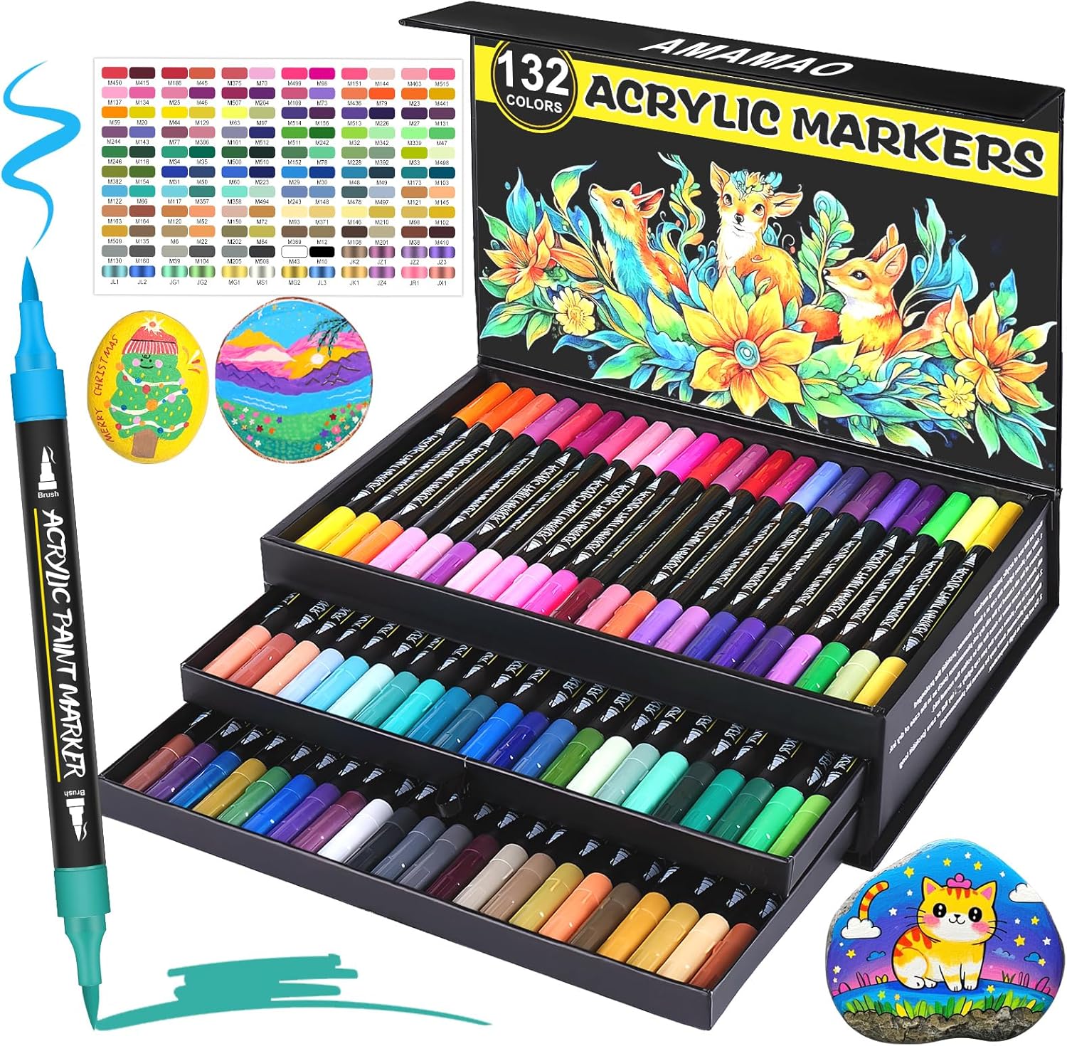 Showcases the product packaging and highlights the wide range of 132 colors available in the set of acrylic markers. Demonstrates the variety of colors and potential artistic applications through…