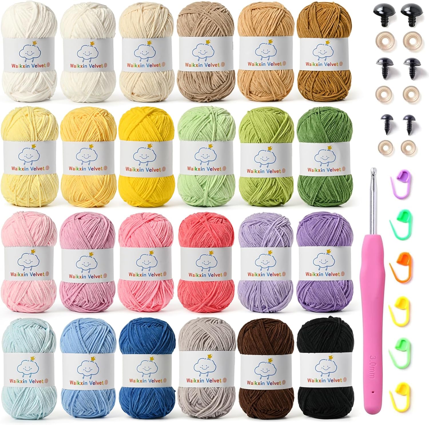 Showcases the wide range of yarn colors available and includes additional crochet accessories to highlight the complete kit. Displays the full spectrum of yarn colors available, allowing customers…