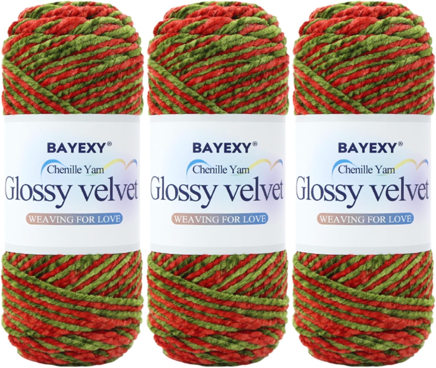 Showcases multiple color options of the same chenille yarn product, allowing customers to see the red and green color combination. Displays the chenille yarn's texture and material quality,…