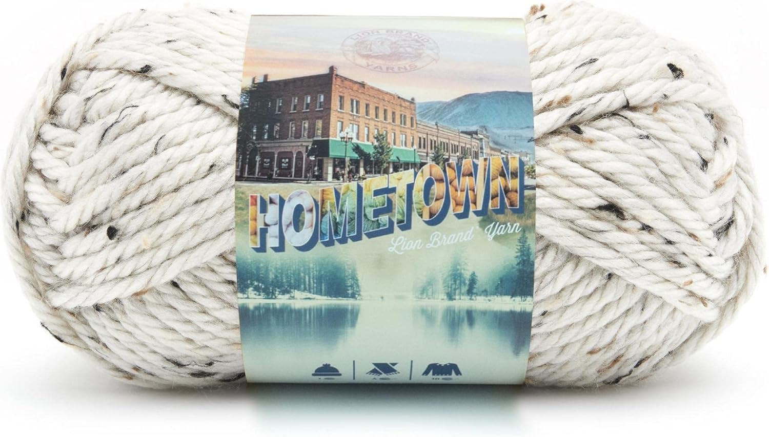 Showcases the product packaging to highlight the brand name and create a sense of place and nostalgia associated with the yarn.