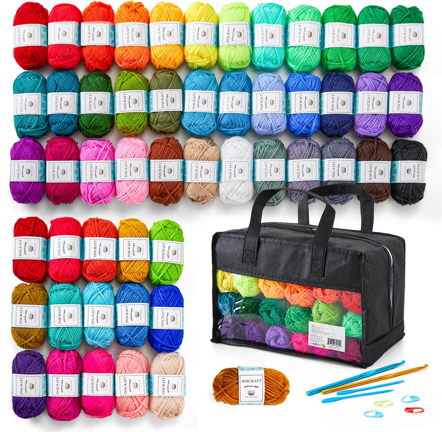 Showcases the wide variety of yarn colors available in the set, appealing to crafters who want multiple options. Displays all components of the yarn set including the storage bag and crochet hooks,…