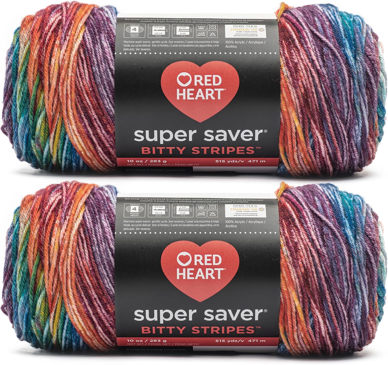 Showcases the vibrant, multicolored yarn to attract crafters and highlight the product's key feature. Displays the product in its retail packaging to communicate brand identity and product details.