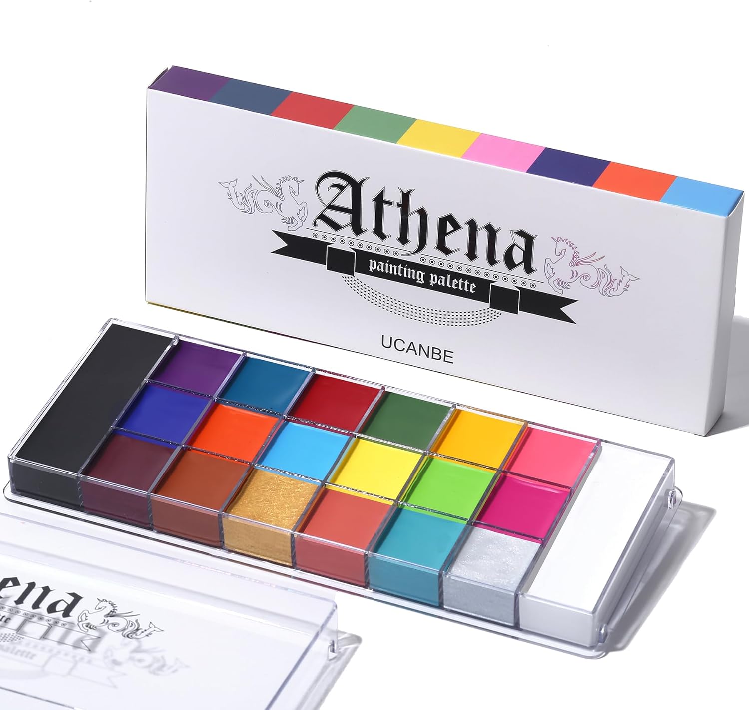 Showcases the product packaging to highlight the brand and variety of colors included in the palette.