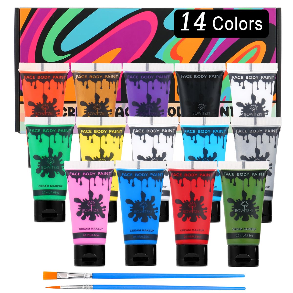 Showcases the full range of 14 vibrant face paint colors included in the set, along with application brushes.