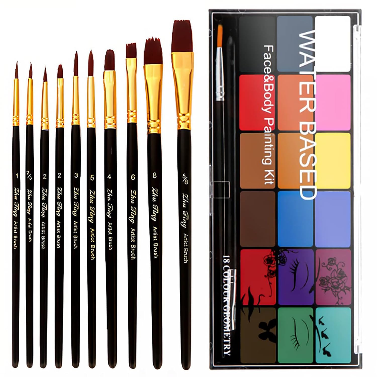 Showcases the full range of painting tools included in the kit, demonstrating the versatility and value of the product.